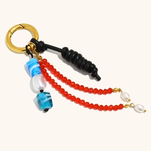 Bohemian 18K gold keychain with colorful beads, baroque pearl and black rope
