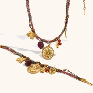 Bohemian Stainless Steel Colorful Cotton Rope Necklace Bracelet Sun Face Heart Pendant 18K Gold Plated Vintage Jewelry For Women