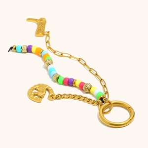 Colorful beaded horseshoe and western boot keychain with 18K gold-plated stainless steel chain