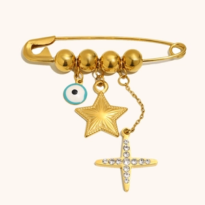 Gold Plated Stainless Steel Evil Eye Five-pointed Star Cross Pendant Safety Pin Brooch Bohemian Rhinestone Dangling Brooch For Women Jewelry