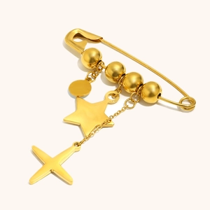 18K gold plated stainless steel safety pin brooch with star and evil eye charms