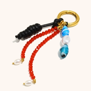Chic 18K gold-plated stainless steel keychain with black leather cord and colorful beads