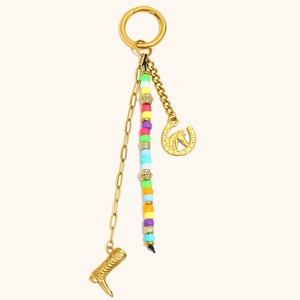 Western Style Stainless Steel 18K Gold Plated Cowboy Boot Horseshoe Horse Head Multicolor Natural Stone Bead Keychain Bag Charm