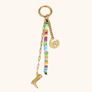 Colorful beaded horseshoe and western boot keychain pendant in 18K gold plated steel