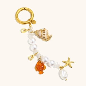 Marine style 18K gold shell pendant with baroque pearls and starfish charm keychain