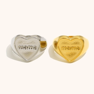 Bagues chevalières cœur en or et argent avec gravure MAMA en acier inoxydable