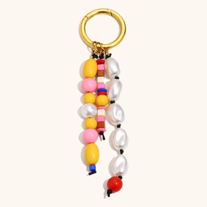 Porte-clés en Acier Inoxydable Plaqué Or 18K avec Künstliche Perles Géométriques Colorées et Faux Künstliche Perles Pendentif de Sac pour Femme