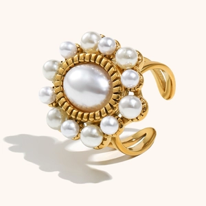 Anello vintage regolabile in acciaio inossidabile dorato 18K con perle e fiori