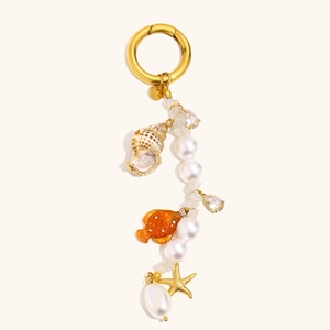 Fashion Marine Theme Stainless Steel Gold Plated Keychain With Shell Starfish Artificial Pearl Bag Charm For Women Jewelry Accessory
