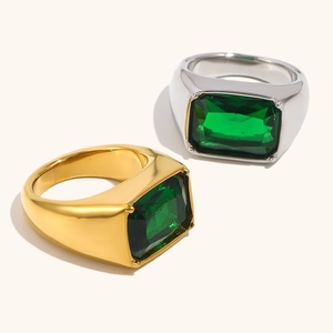 Retro emerald cut green gemstone rings in gold and silver stainless steel finishes