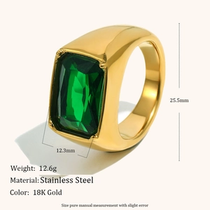 18K gold plated stainless steel ring with large emerald-cut green stone and size specs