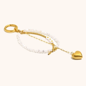 Gold-plated pearl heart charm keychain with 18K gold beads for handbag decoration