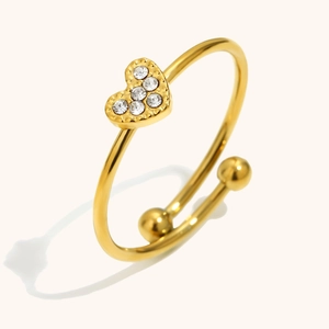 Anillo ajustable de corazón en oro de 18K con diamantes de cristal para mujer