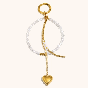18K Gold Plated Stainless Steel Heart Pendant Keychain For Women Freshwater Pearl Bead Chain Bag Charm Fashion Accessory