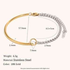 Two-tone stainless steel bangle featuring gold curved tube and silver link chain with 18K plating