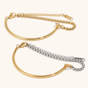 Polished stainless steel two-tone bangle bracelet with 18K gold plating and chain details