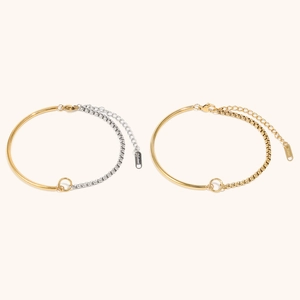 Minimalist two-tone stainless steel bangle with box chain and 18K gold plated finish
