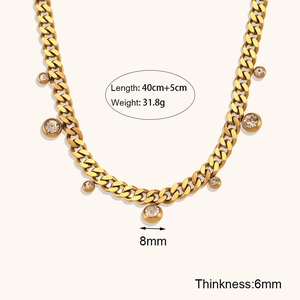 18K gold plated stainless steel Cuban chain necklace with round cubic zirconia pendants