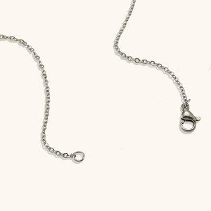 Vue macro d'un collier chaîne en acier inoxydable argenté avec un fermoir mousqueton