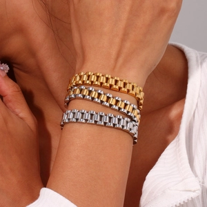 Hip hop watch band style bracelet set in gold, silver, and two-tone stainless steel finish