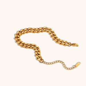 Close-up of 18K gold plated stainless steel Cuban link bracelet with lobster clasp