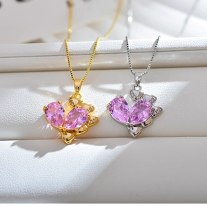 Elegantes collares con colgante de corazón y circón rosa en baño de oro y plata