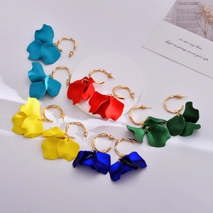 Elegant acrylic rose petal drop earrings in vibrant colors with golden C-shape hooks
