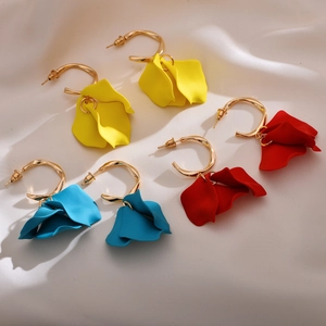 Three pairs of matte acrylic rose petal drop earrings in red, yellow and blue colors