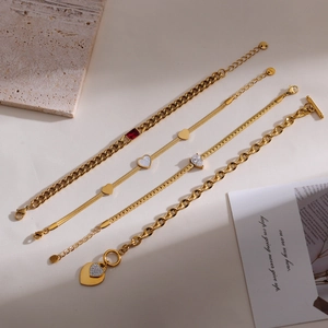 French Vintage Heart Gold Plated Stainless Steel Bracelet For Women Zircon Mother Of Artificial Pearl Link Chain Fashion Jewelry