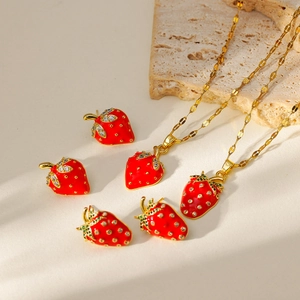 Exquisite red strawberry jewelry set with gold necklaces and crystal stud earrings