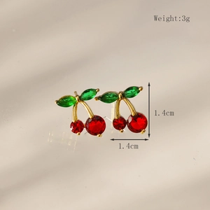 Detail view of 18K gold plated cherry earrings with red and green crystals and dimensions