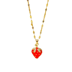 Exquisite mini red strawberry pendant necklace with sparkling leaf rhinestones and gold chain