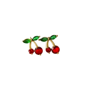 Elegant 18K gold plated cherry drop earrings with red and green crystals for women