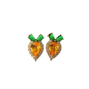 Cute copper carrot stud earrings with yellow and green gemstones and crystal pavé details