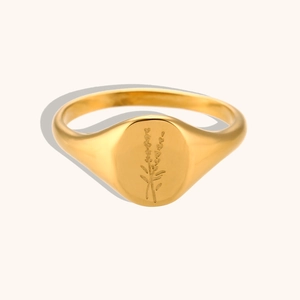 Anillo de sello vintage en acero inoxidable bañado en oro 18K con flor grabada