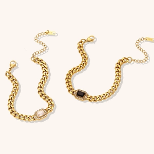Vintage 18K Gold Plated Stainless Steel Cuban Link Bracelet For Women Retro Geometric Rectangular Rhinestone Chain Bracelet