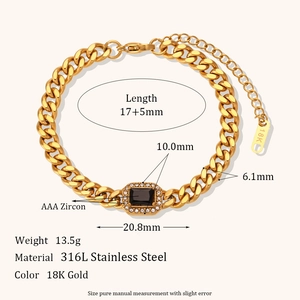 18K gold plated stainless steel Cuban link bracelet with a rectangle black zircon stone