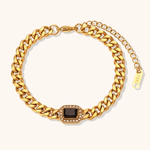 18K gold plated cuban link bracelet with rectangular black gemstone and zircon halo