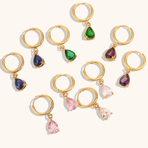Boucles d'Oreilles Créoles en Acier Inoxydable Zircon Goutte d'Eau Plaqué Or 18K Pendentif Cristal Poire Bijoux pour Femmes