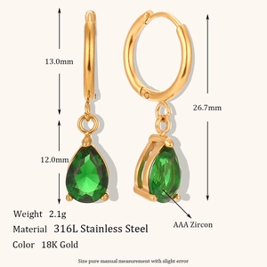 Boucles d'oreilles en acier inoxydable doré avec pendentifs zircon vert émeraude