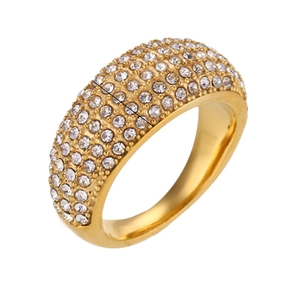 Bague luxueuse en acier inoxydable doré avec plusieurs rangées de zircons pavés