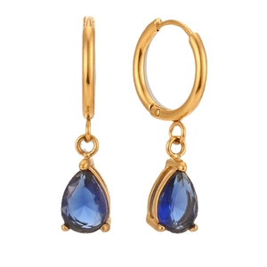 Boucles d'oreilles créoles en acier doré avec zircon bleu foncé en forme de poire