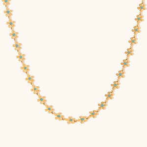 Fashion Stainless Steel Blue Enamel Flower Chain Necklace For Women Gold Plated Dainty Floral Bracelet Summer Jewelry