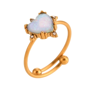 Anillo corazón de opalo ajustable de acero inoxidable chapado en oro 18K con circonitas