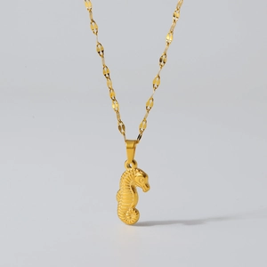Detailed view of 18K gold plated stainless steel necklace with realistic seahorse pendant