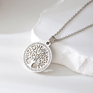 Elegante holle levensboom ketting van roestvrij staal met sprankelende kristallen rand
