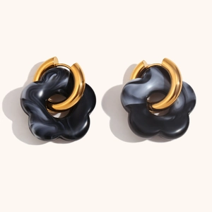 Chic 18K gold plated hoop earrings featuring black marble resin flower pendants