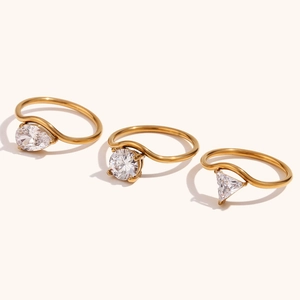 Minimalistische 316L Roestvrij Staal 18K Vergulde Golfring Met Zirkonia Waterdruppel Rond Driehoek Geometrie Sieraden Voor Vrouwen