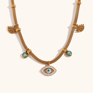18K gold plated stainless steel mesh chain necklace with turquoise beads and evil eye charm