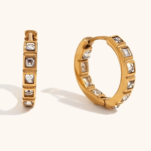 18K gold plated stainless steel huggie earrings with square white cubic zirconia stones